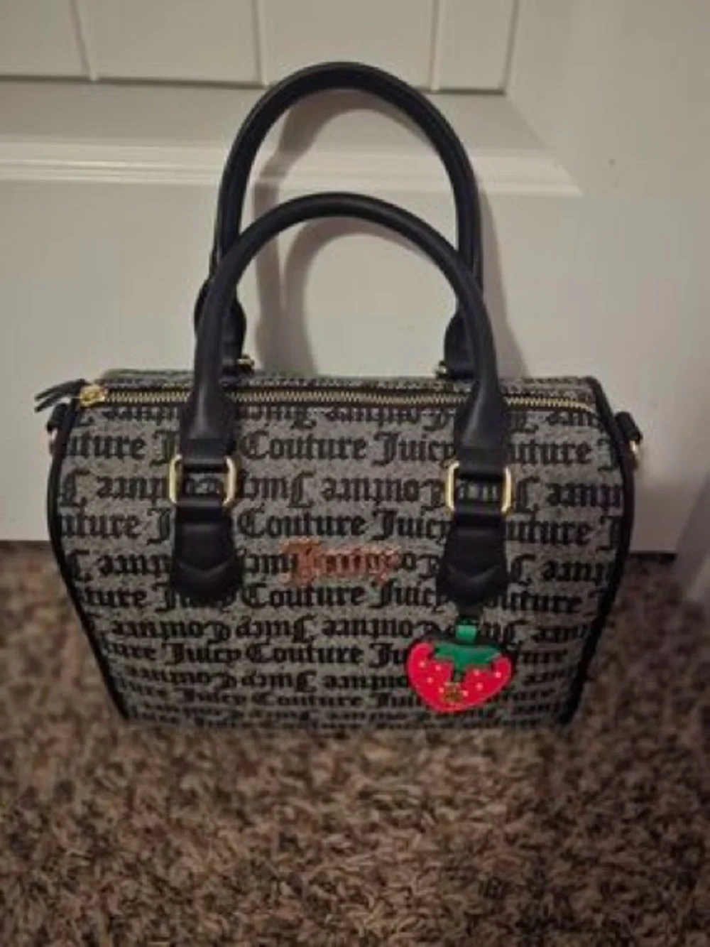 Juicy Couture Black Logo Satchel with Red & Green Strawberry Charm